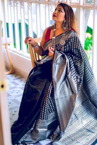 Black Soft Lichi Silk Saree with Silver Zari Geometric Weave and Jacquard Pallu  in Surat