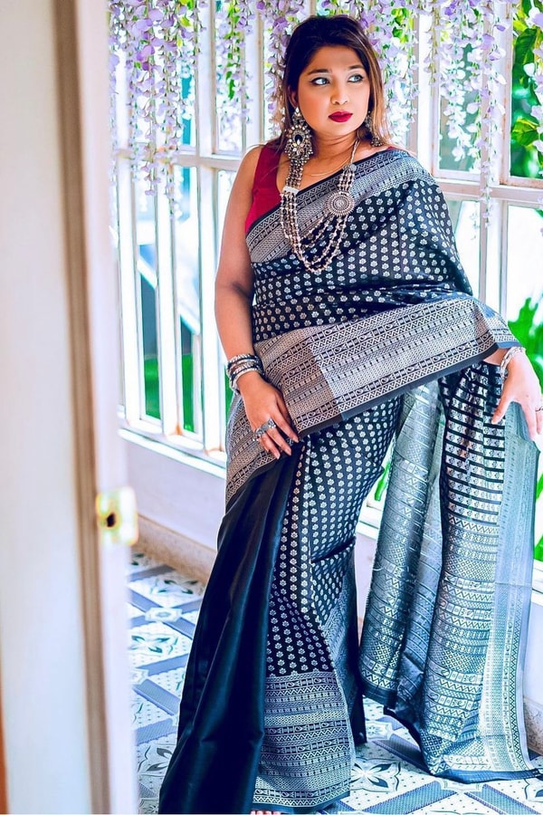 Black Soft Lichi Silk Saree with Silver Zari Geometric Weave and Jacquard Pallu  in Surat