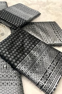 Black Soft Lichi Silk Saree with Silver Zari Geometric Weave and Jacquard Pallu  in Surat