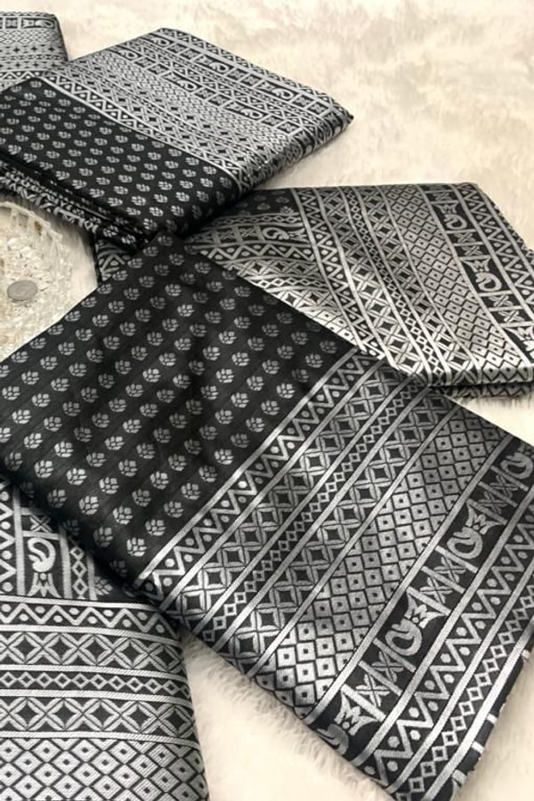 Black Soft Lichi Silk Saree with Silver Zari Geometric Weave and Jacquard Pallu  in Surat