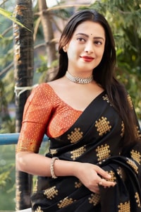 Black Vintage-Look Banarasi Soft Silk Saree with Gold Zari Buttas and Rust Zari Pallu  in Surat