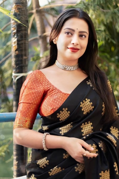 Black Vintage-Look Banarasi Soft Silk Saree with Gold Zari Buttas and Rust Zari Pallu in Surat