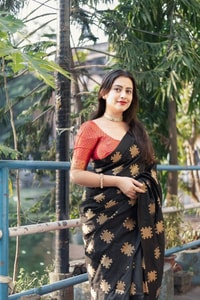 Black Vintage-Look Banarasi Soft Silk Saree with Gold Zari Buttas and Rust Zari Pallu  in Surat