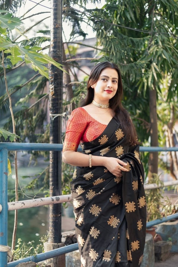 Black Vintage-Look Banarasi Soft Silk Saree with Gold Zari Buttas and Rust Zari Pallu  in Surat