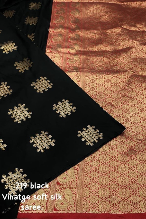 Black Vintage-Look Banarasi Soft Silk Saree with Gold Zari Buttas and Rust Zari Pallu  in Surat