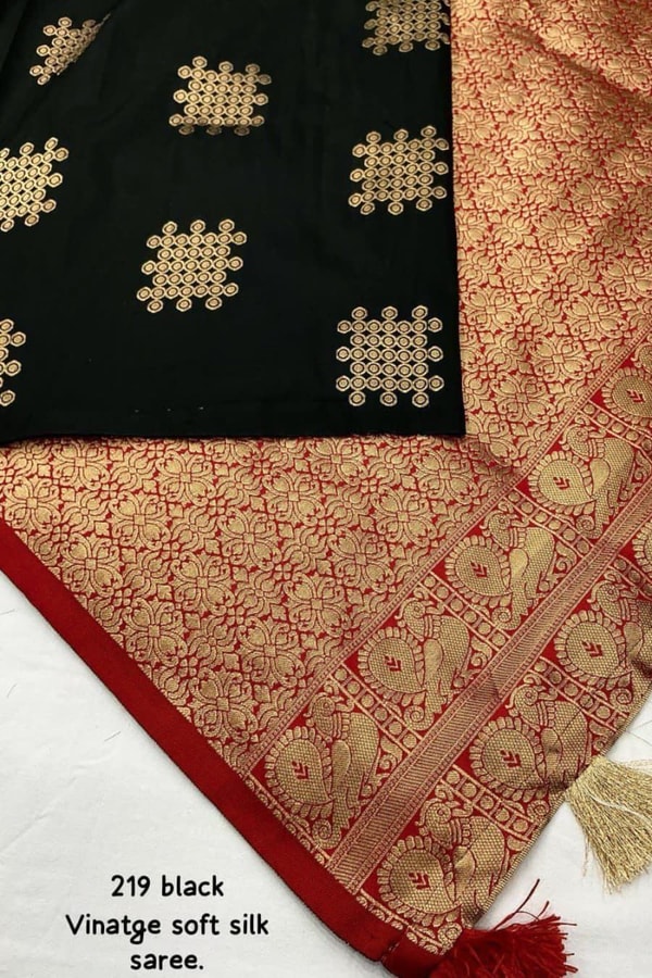 Black Vintage-Look Banarasi Soft Silk Saree with Gold Zari Buttas and Rust Zari Pallu  in Surat
