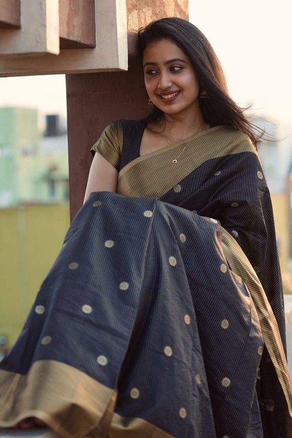 Black and Antique Gold Banarasi Soft Silk Saree with Polka Buttis and Broad Zari Border  in Surat