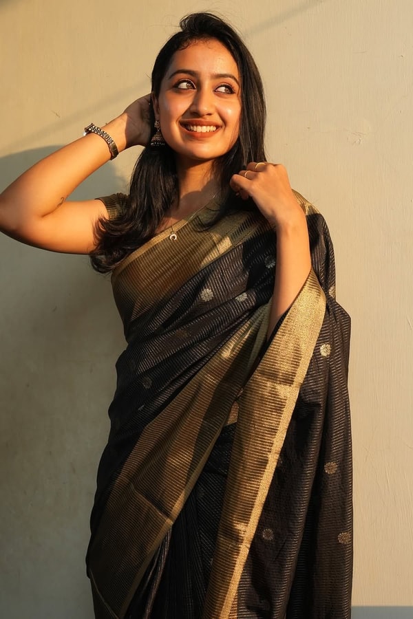 Black and Antique Gold Banarasi Soft Silk Saree with Polka Buttis and Broad Zari Border  in Surat