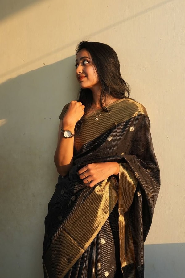 Black and Antique Gold Banarasi Soft Silk Saree with Polka Buttis and Broad Zari Border  in Surat