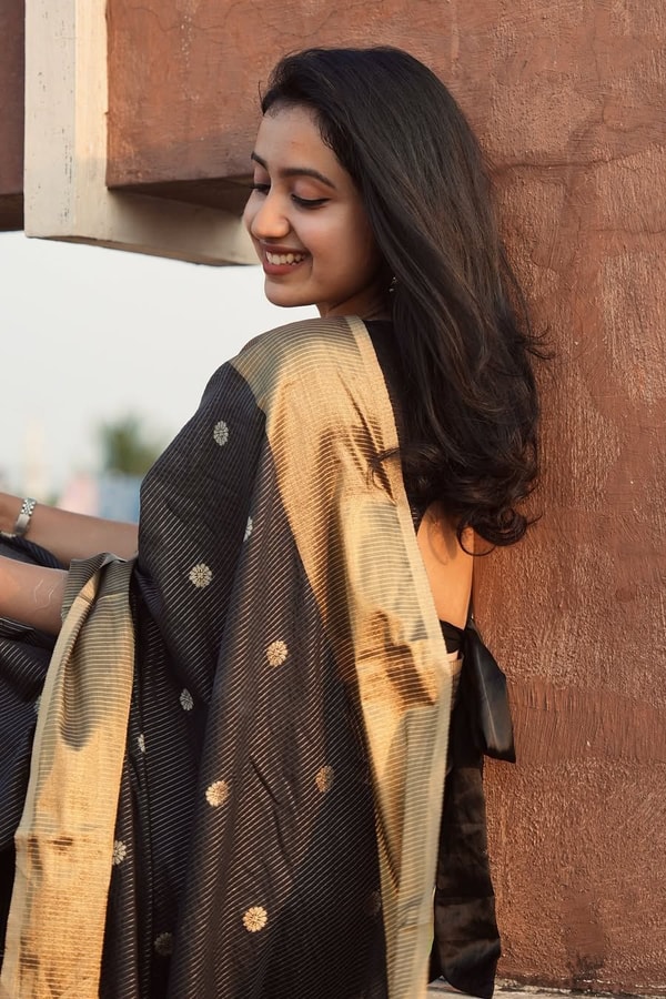 Black and Antique Gold Banarasi Soft Silk Saree with Polka Buttis and Broad Zari Border  in Surat