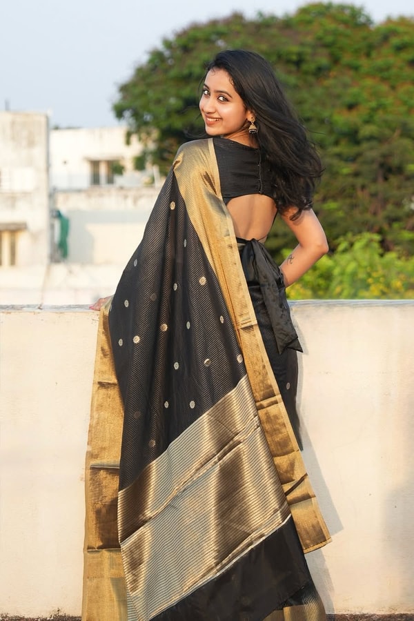 Black and Antique Gold Banarasi Soft Silk Saree with Polka Buttis and Broad Zari Border  in Surat