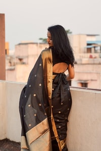 Black and Antique Gold Banarasi Soft Silk Saree with Polka Buttis and Broad Zari Border  in Surat