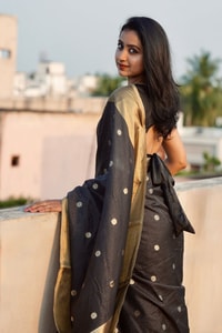 Black and Antique Gold Banarasi Soft Silk Saree with Polka Buttis and Broad Zari Border  in Surat