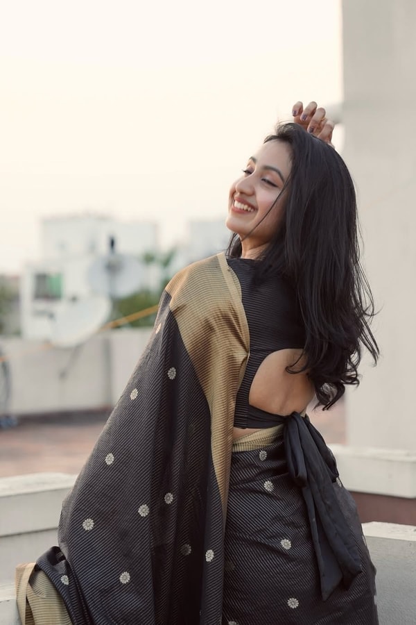 Black and Antique Gold Banarasi Soft Silk Saree with Polka Buttis and Broad Zari Border  in Surat