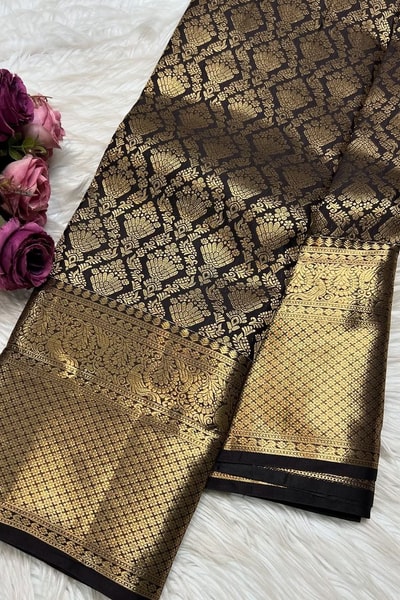 Black and Antique Gold Banarasi Soft Silk Saree with Zari Trellis Weave and Rich Pallu in Surat
