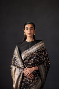 Black and Grey Banarasi Soft Silk Saree with All-Over Antique Gold Zari Jaal  in Surat