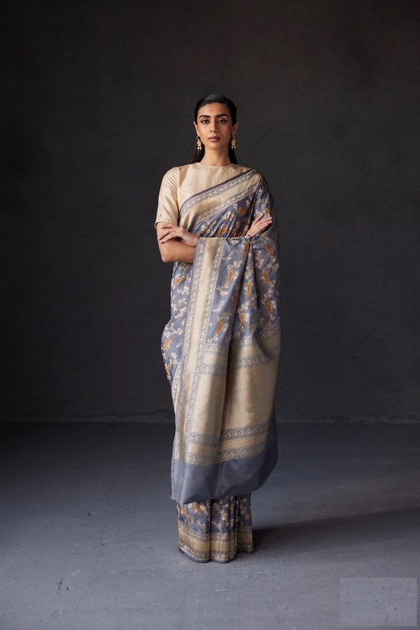 Black and Grey Banarasi Soft Silk Saree with All-Over Antique Gold Zari Jaal  in Surat