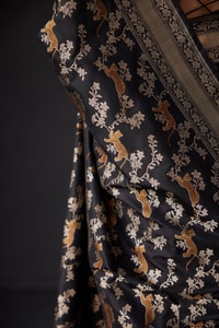 Black and Grey Banarasi Soft Silk Saree with All-Over Antique Gold Zari Jaal  in Surat