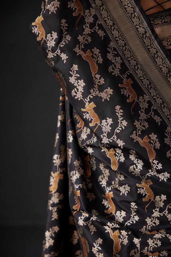 Black and Grey Banarasi Soft Silk Saree with All-Over Antique Gold Zari Jaal  in Surat