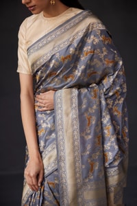 Black and Grey Banarasi Soft Silk Saree with All-Over Antique Gold Zari Jaal  in Surat