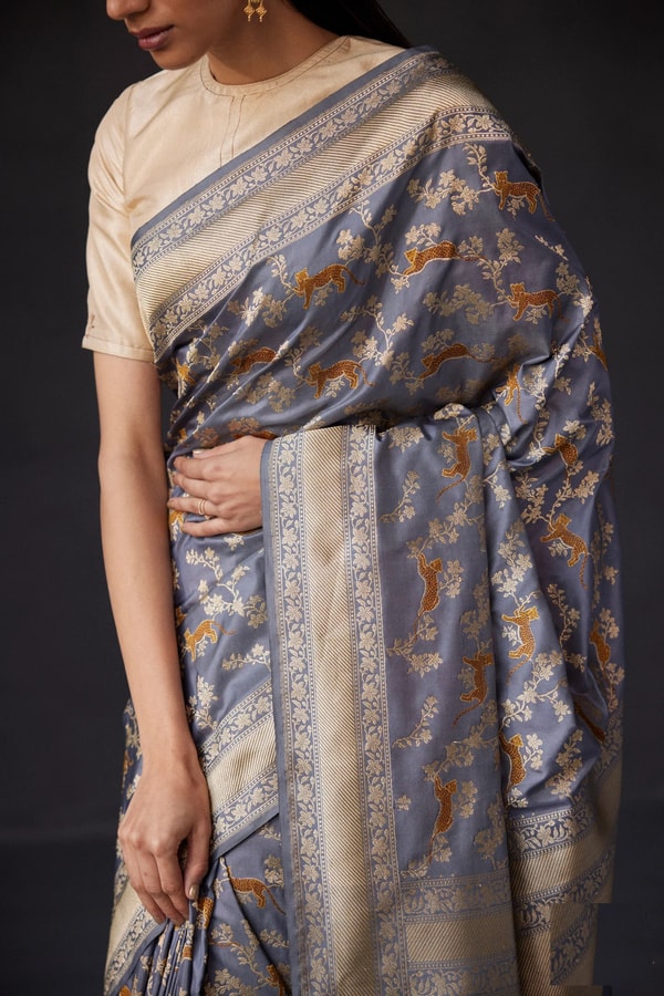 Black and Grey Banarasi Soft Silk Saree with All-Over Antique Gold Zari Jaal  in Surat
