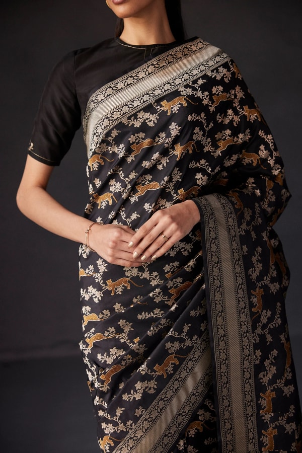 Black and Grey Banarasi Soft Silk Saree with All-Over Antique Gold Zari Jaal  in Surat