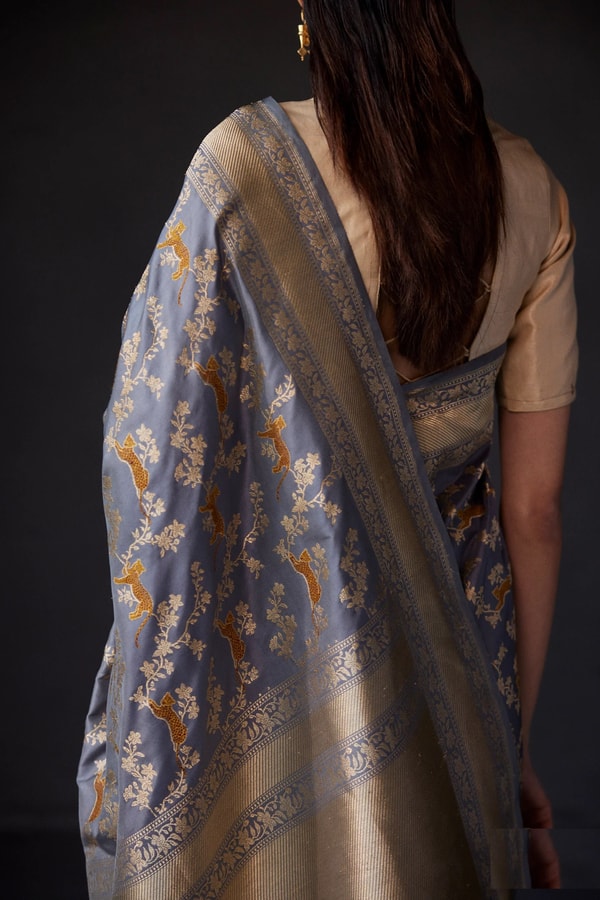 Black and Grey Banarasi Soft Silk Saree with All-Over Antique Gold Zari Jaal  in Surat