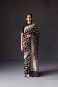 Black and Grey Banarasi Soft Silk Saree with All-Over Antique Gold Zari Jaal  in Surat