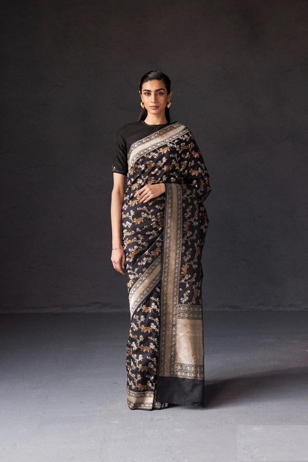 Black and Grey Banarasi Soft Silk Saree with All-Over Antique Gold Zari Jaal  in Surat