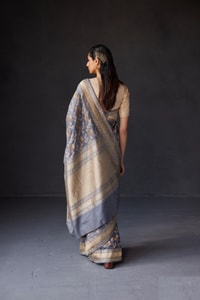 Black and Grey Banarasi Soft Silk Saree with All-Over Antique Gold Zari Jaal  in Surat
