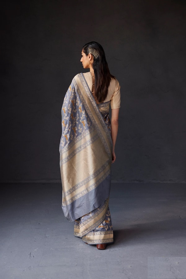 Black and Grey Banarasi Soft Silk Saree with All-Over Antique Gold Zari Jaal  in Surat
