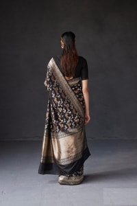 Black and Grey Banarasi Soft Silk Saree with All-Over Antique Gold Zari Jaal  in Surat