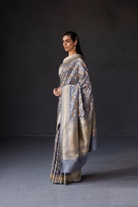 Black and Grey Banarasi Soft Silk Saree with All-Over Antique Gold Zari Jaal  in Surat