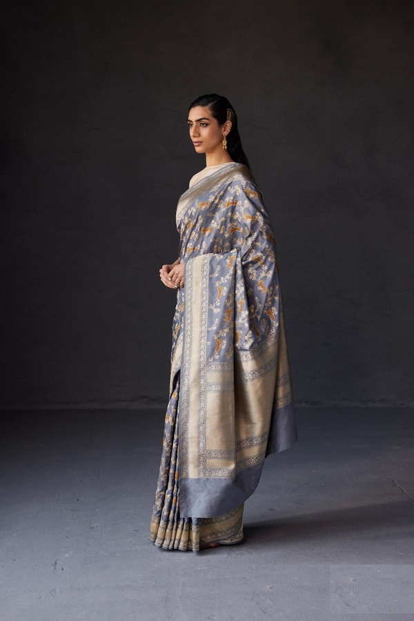 Black and Grey Banarasi Soft Silk Saree with All-Over Antique Gold Zari Jaal  in Surat