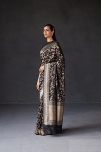 Black and Grey Banarasi Soft Silk Saree with All-Over Antique Gold Zari Jaal  in Surat