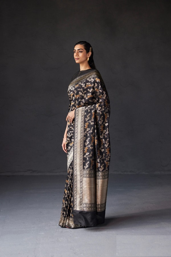Black and Grey Banarasi Soft Silk Saree with All-Over Antique Gold Zari Jaal  in Surat
