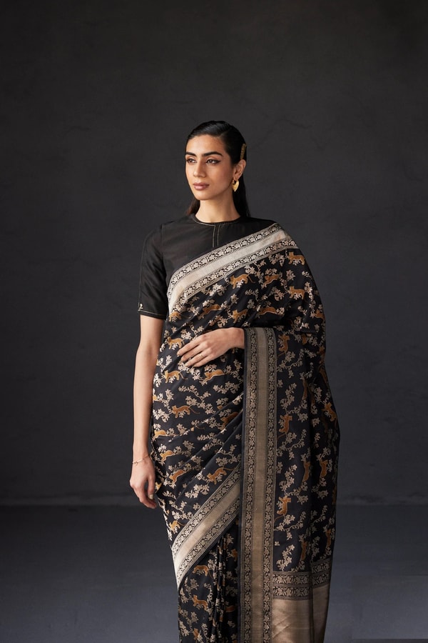 Black and Grey Banarasi Soft Silk Saree with All-Over Antique Gold Zari Jaal  in Surat