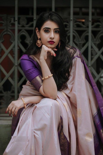 Blush Pink Banarasi Soft Silk Saree with Contrast Purple Zari Border and Pallu in Surat