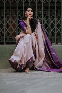 Blush Pink Banarasi Soft Silk Saree with Contrast Purple Zari Border and Pallu  in Surat