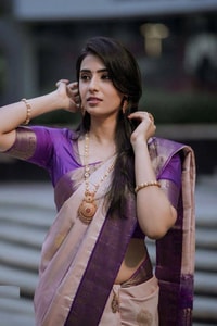 Blush Pink Banarasi Soft Silk Saree with Contrast Purple Zari Border and Pallu  in Surat