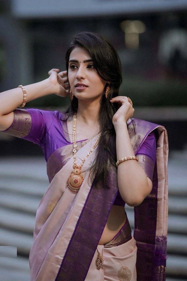 Blush Pink Banarasi Soft Silk Saree with Contrast Purple Zari Border and Pallu  in Surat