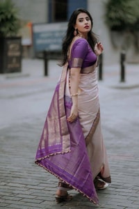 Blush Pink Banarasi Soft Silk Saree with Contrast Purple Zari Border and Pallu  in Surat