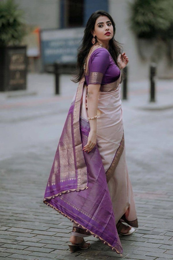 Blush Pink Banarasi Soft Silk Saree with Contrast Purple Zari Border and Pallu  in Surat