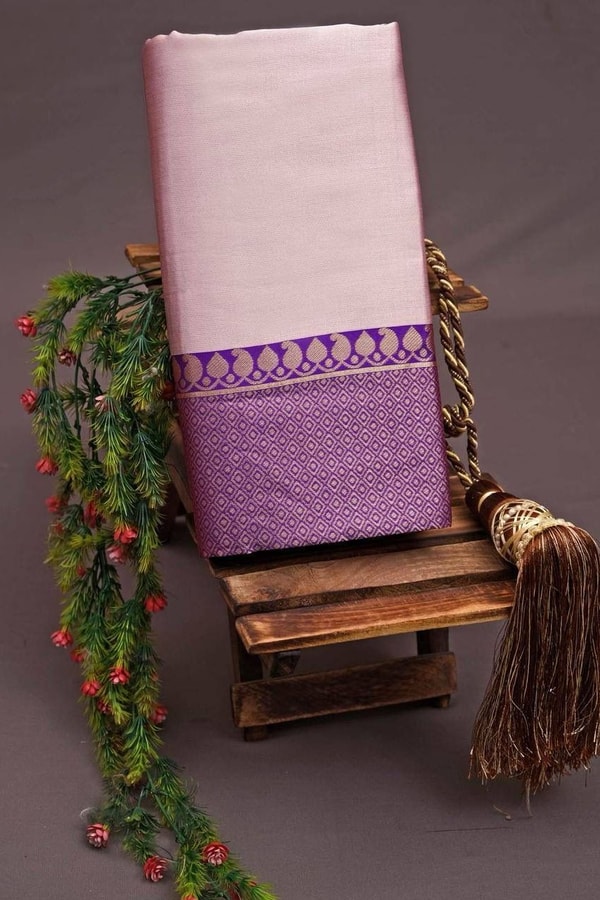 Blush Pink Banarasi Soft Silk Saree with Contrast Purple Zari Border and Pallu  in Surat
