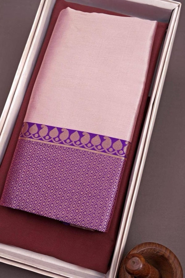 Blush Pink Banarasi Soft Silk Saree with Contrast Purple Zari Border and Pallu  in Surat