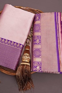 Blush Pink Banarasi Soft Silk Saree with Contrast Purple Zari Border and Pallu  in Surat