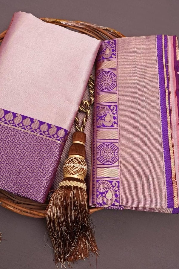 Blush Pink Banarasi Soft Silk Saree with Contrast Purple Zari Border and Pallu  in Surat
