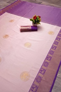 Blush Pink Banarasi Soft Silk Saree with Contrast Purple Zari Border and Pallu  in Surat