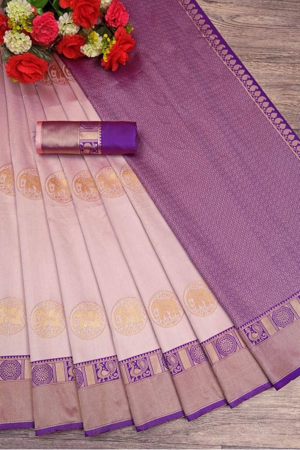 Blush Pink Banarasi Soft Silk Saree with Contrast Purple Zari Border and Pallu  in Surat