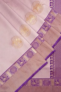 Blush Pink Banarasi Soft Silk Saree with Contrast Purple Zari Border and Pallu  in Surat